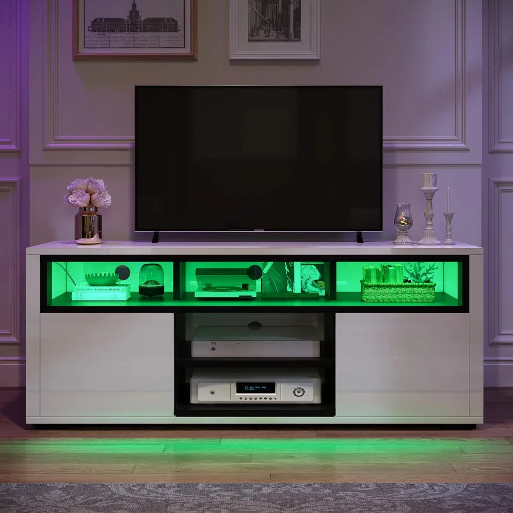 TV Stand With LED Ambient Lights Modern TVs Stand With Open Shelf Storage Cabinet for 62 Inch TVs Furniture White TV Stands