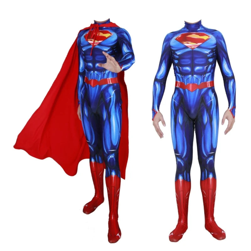 Super Heroes Bodysuit Movie Superman Cosplay Blue Suit Jumpsuit Superman Costume Superhero Cape Halloween Costume For Adult Kids