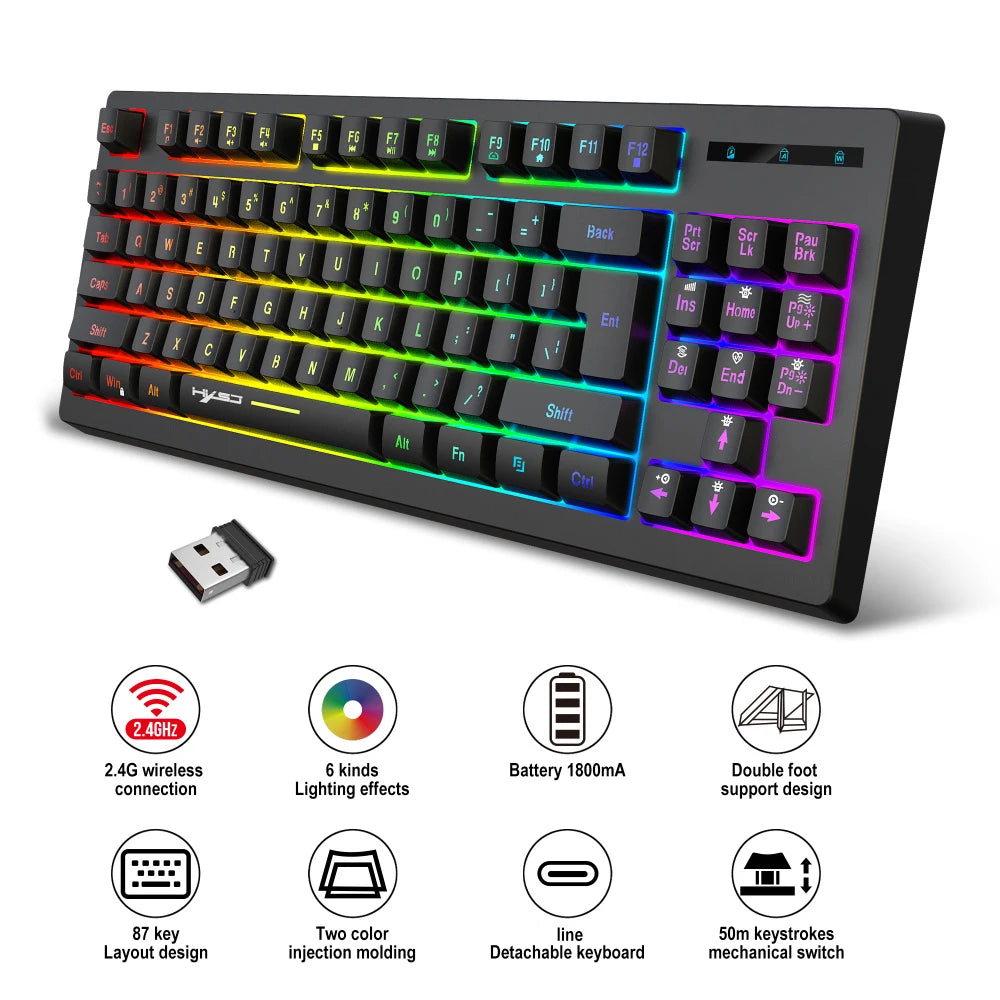 HXSJ Computer Gaming Bluetooth-Compatible 87 Keys LED Backlight Keyboard Desktop PC Wireless Membrane Keyboard For Win 7/8/10