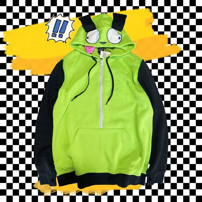 Anime Invader Cosplay Alien Zim Hoodies Casual Jacket Coat Hooded Zip Up Pullovers Sweatshirts with Ears Halloween Costume