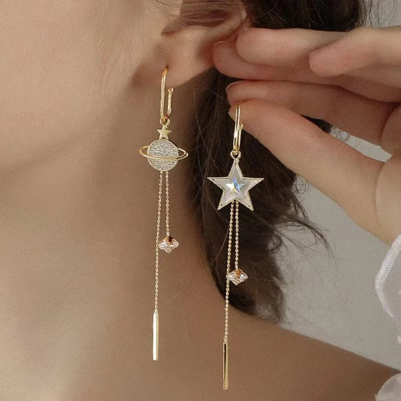 Elegant Fashion Planet Pentagram Asymmetric Design For Women Long Tassel Drop Earrings Wedding Party Jewelry Gift