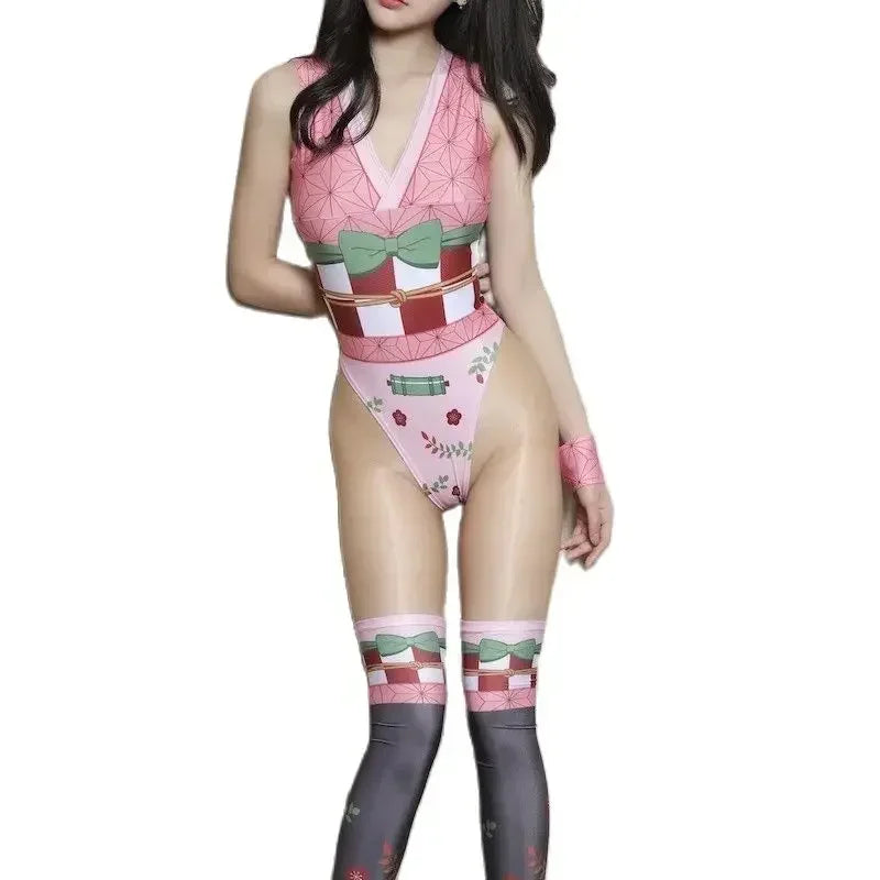 Anime Kamado Nezuko Bodysuit Demon Slayer Kimetsu No Yaiba Cosplay Playsuit V Neck Bodycon Jumpsuit Sleepwear Pajamas Stockings