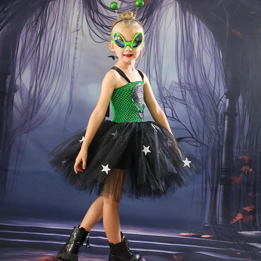 Alien Costume for Girls Tutu Mesh Long Handmade Dress Halloween Costume for Kids Carnival Birthday Party Suit
