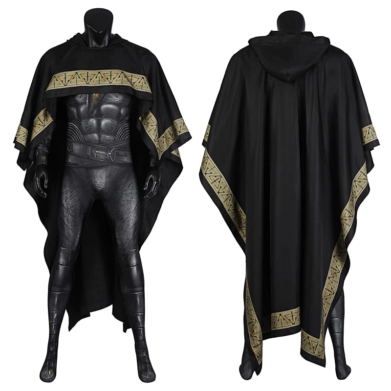 Adult Teth Adam Cosplay Halloween Carnival Costume Superhero Outfit Muscle 3D Digital Printing Jumpsuit Black Cape With Hood