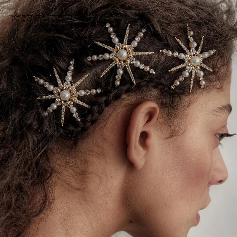 Fashion Star Rhinestone Pearl Hair Pin for Women Bride Bling Crystal Hair Accessories Barrettes Wedding Jewelry