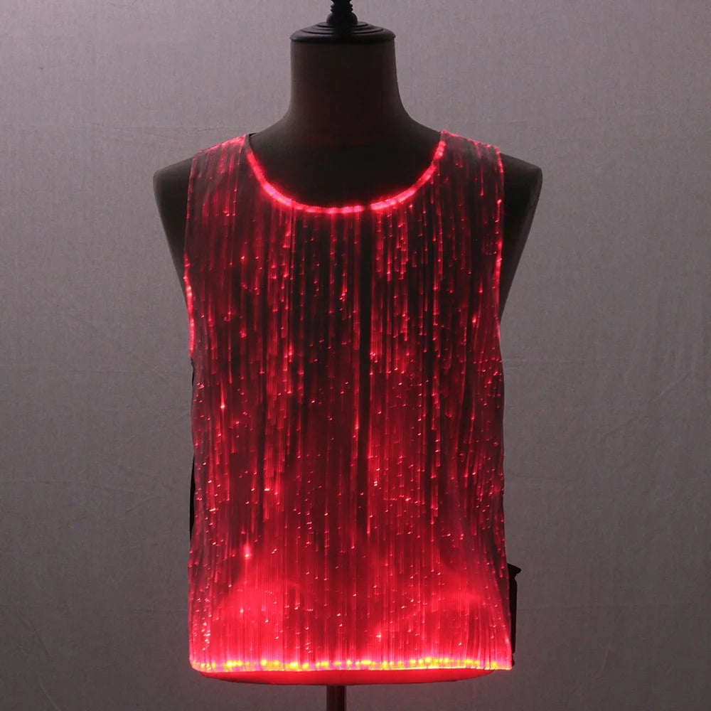 2024 Summer Men Colorful LED Luminous Night Club T Shirts Y2K High Street Sleeveless Vest Optical Fiber Fabric Patchwork Tops
