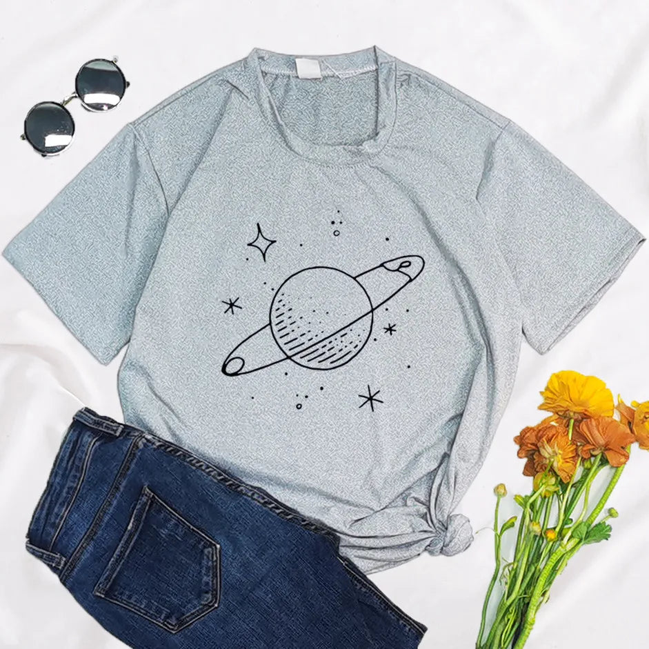 Funny Planet Space Pin Women T Shirt 2022 Summer Round Neck Y2K Funny Polyester Cartoon T-shirt Graphic Streetwear