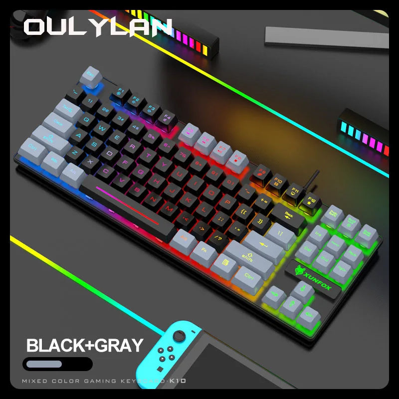 K10 87 Keys LED Luminous Keyboard Gaming Mechanical Touch Keyboards USB Wired Rainbow Backlight Desktop Computer NEW Keyboard