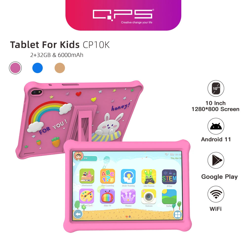 QPS 10 Inch Kids Tablets Android 11 1280*800 HD Ouad Core Wifi 2GB 32GB Children Tablet for Kids Study with Holder 6000mAh