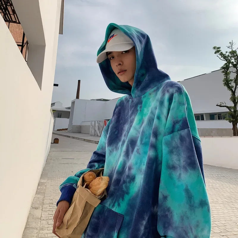 Autumn Fashion Korean Loose Large Men's Tie Dyed Hooded Long Sleeve Sweater Camo Gradient
