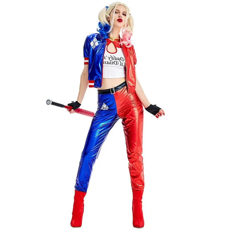 Girls Suicide Cosplay Costumes Joker Squad Quinn Clown Jacket Pants Sets Christmas Halloween Party Fancy Dress  For Women