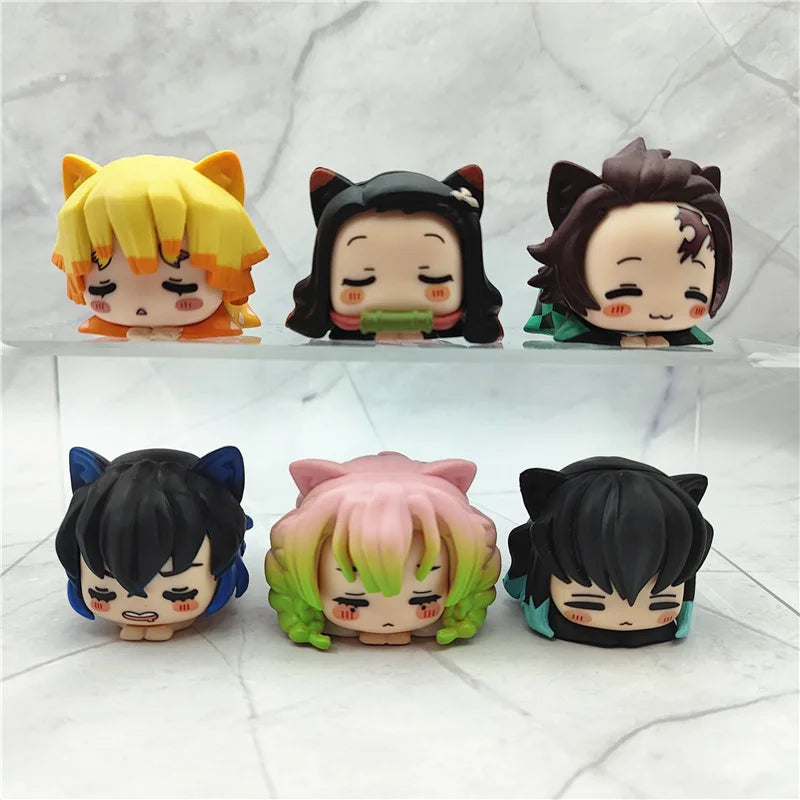 6PCS/Set Anime Demon Slayer Figure Nezuko Tanjirou Zenitsu Inosuke Mini Figurine Kawaii Cat Ear Sleep Figure PVC Model Doll Toys