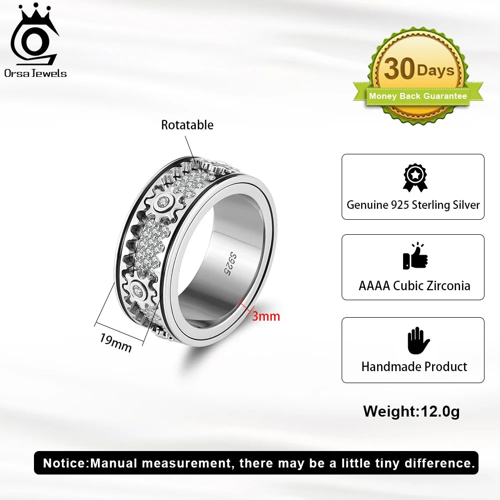 ORSA JEWELS Rotating Gear Rings for Men 925 Sterling Silver Vintage Statement Thumb Rotatable Fidget Band Jewelry NMR14