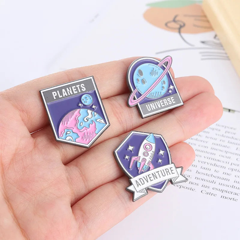 Universe Adventure Astronaut Rocket Enamel Pins Cartoon Planets Brooches for Space Lover Lapel Pin Badges Jewelry Gift Wholesale