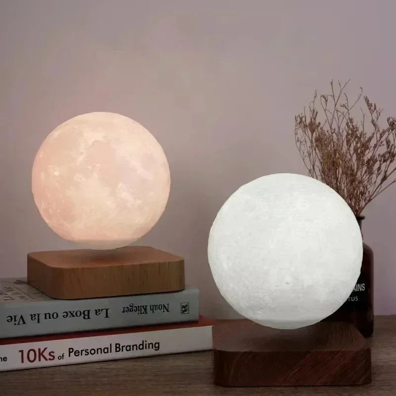 Levitating 3D Moon Lamp LED Neon  Night Light 360° Rotating Magnetic Bedside Table Lamp with Wooden Base and Magnetic for Gift