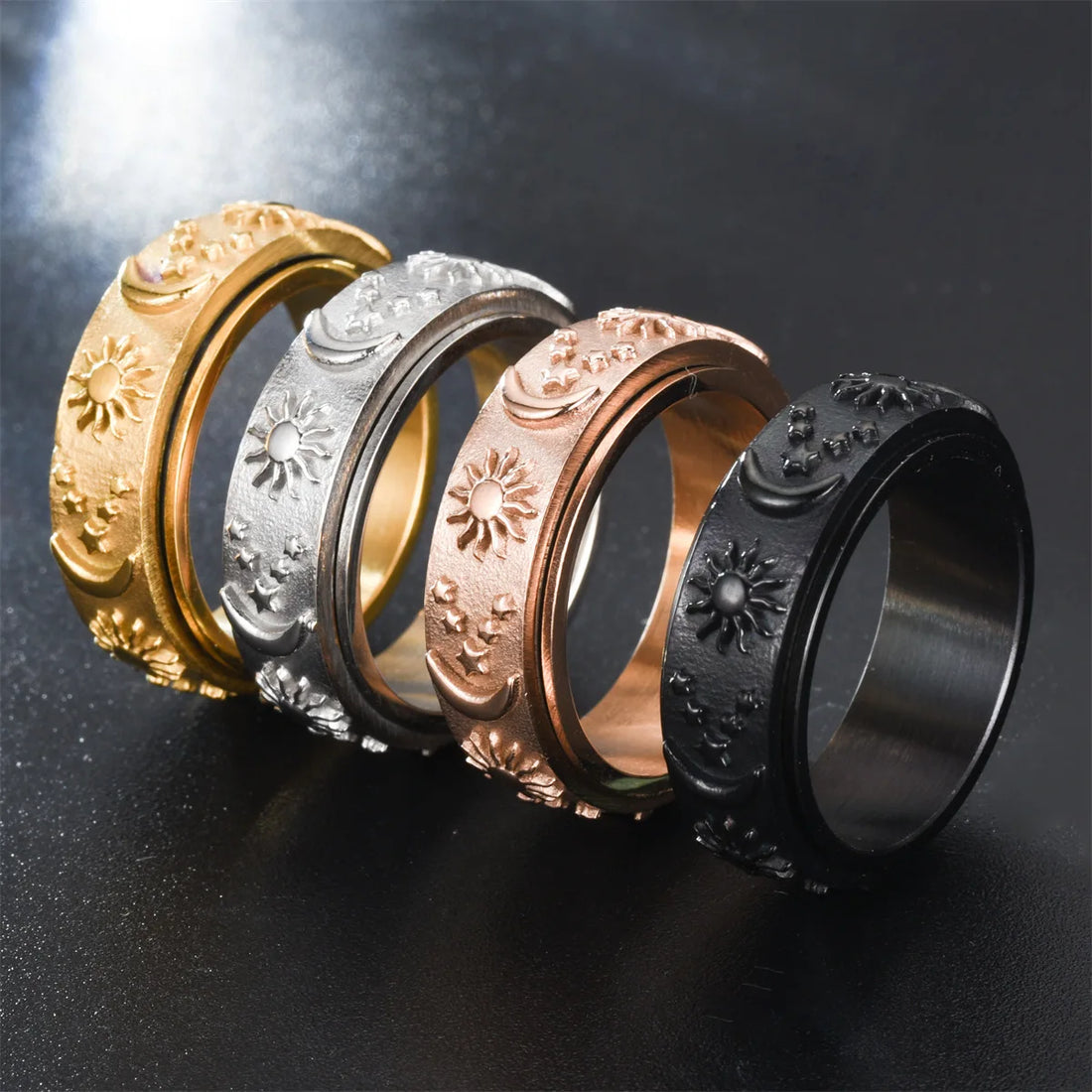 Bohemia Star Moon Anxiety Relaxing Ring For Men Stainless Steel Rotatable Spinner Fidgets Anti Stress Rings Jewelry Bague Homme