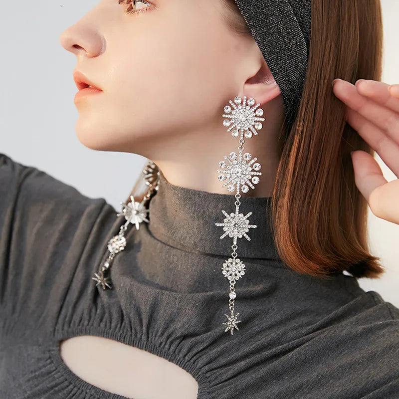 European and American oversized exaggerated long fringe earrings female Snowflake eight star pendant South Korean Internet star