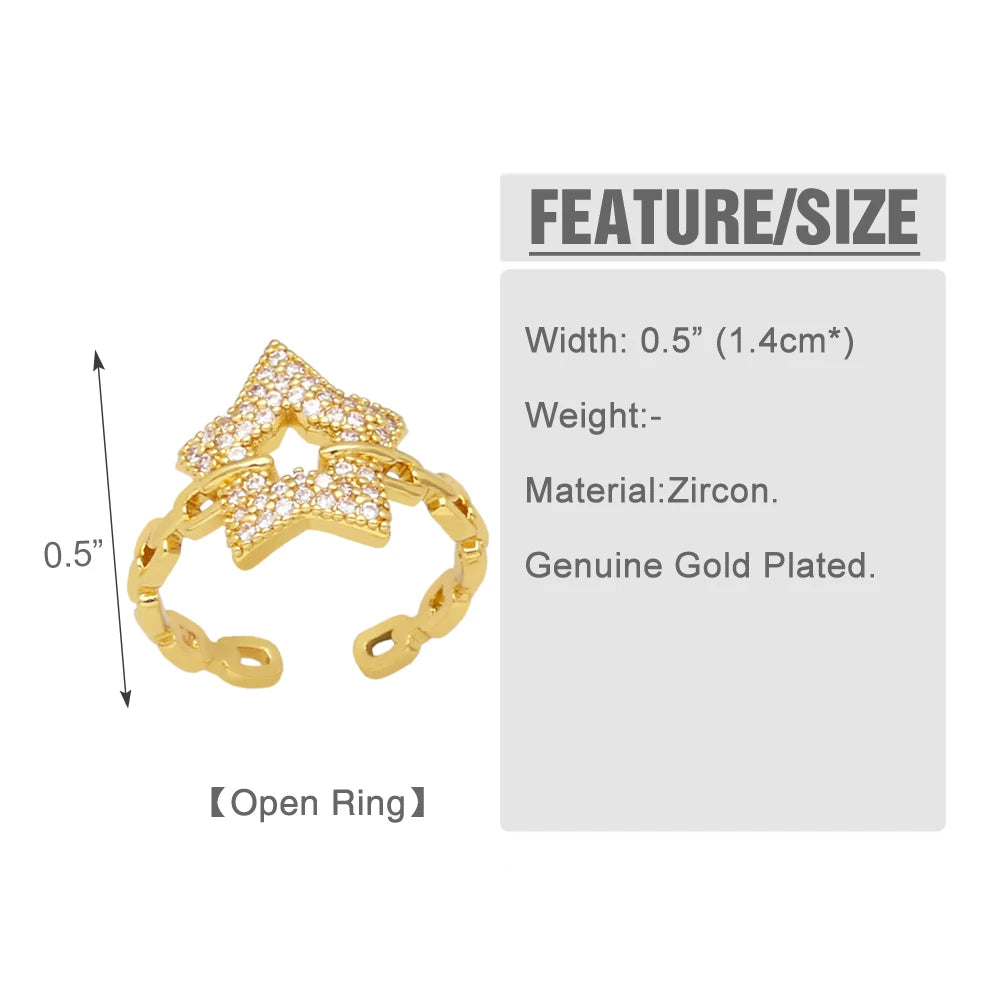 OCESRIO Chain Shape CZ Star Ring for Women Copper Gold Plated Crystal Heart Flower Open Rings Jewelry Gift Wholesale rigr26