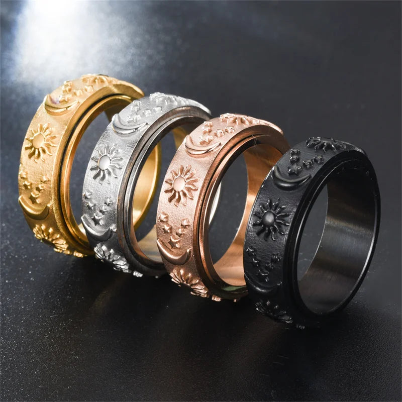 Stainless Steel Mens Rings For Rotating Anxiety Relaxing Vintage Star Moon And Sun Fidget Metal Spinner Joint Ring Anillo