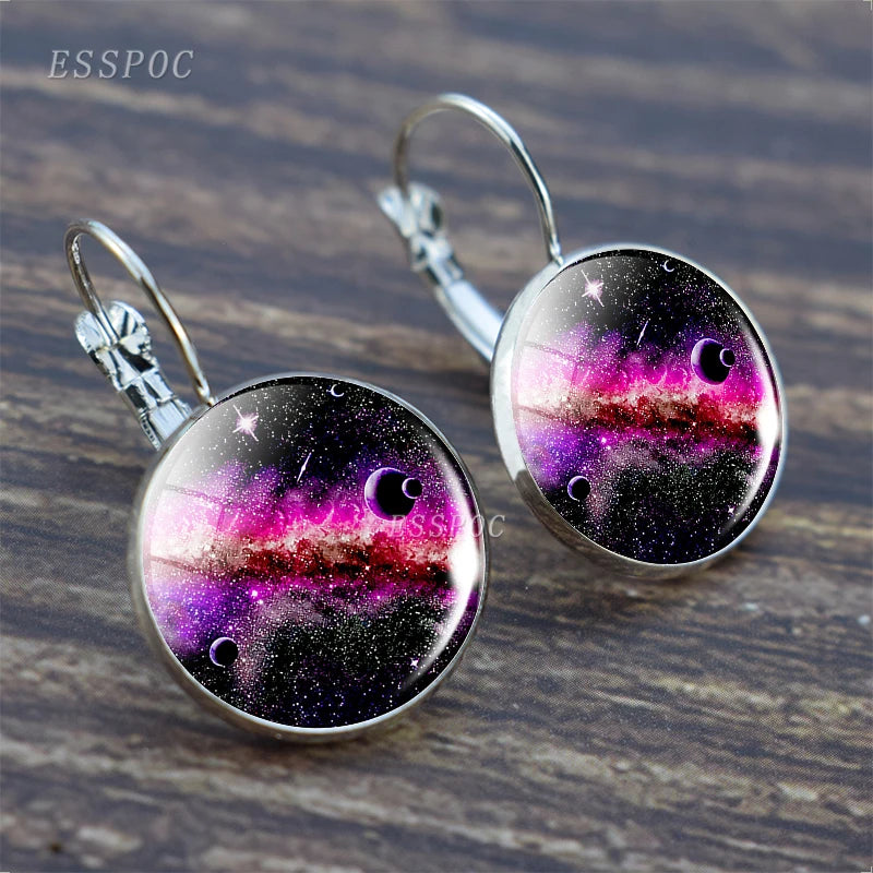 Full Moon Earring Nebula Hook Earring Solar System Glass Cabochon Galaxy Space Astronomy Planet SilverColour Earring Gift