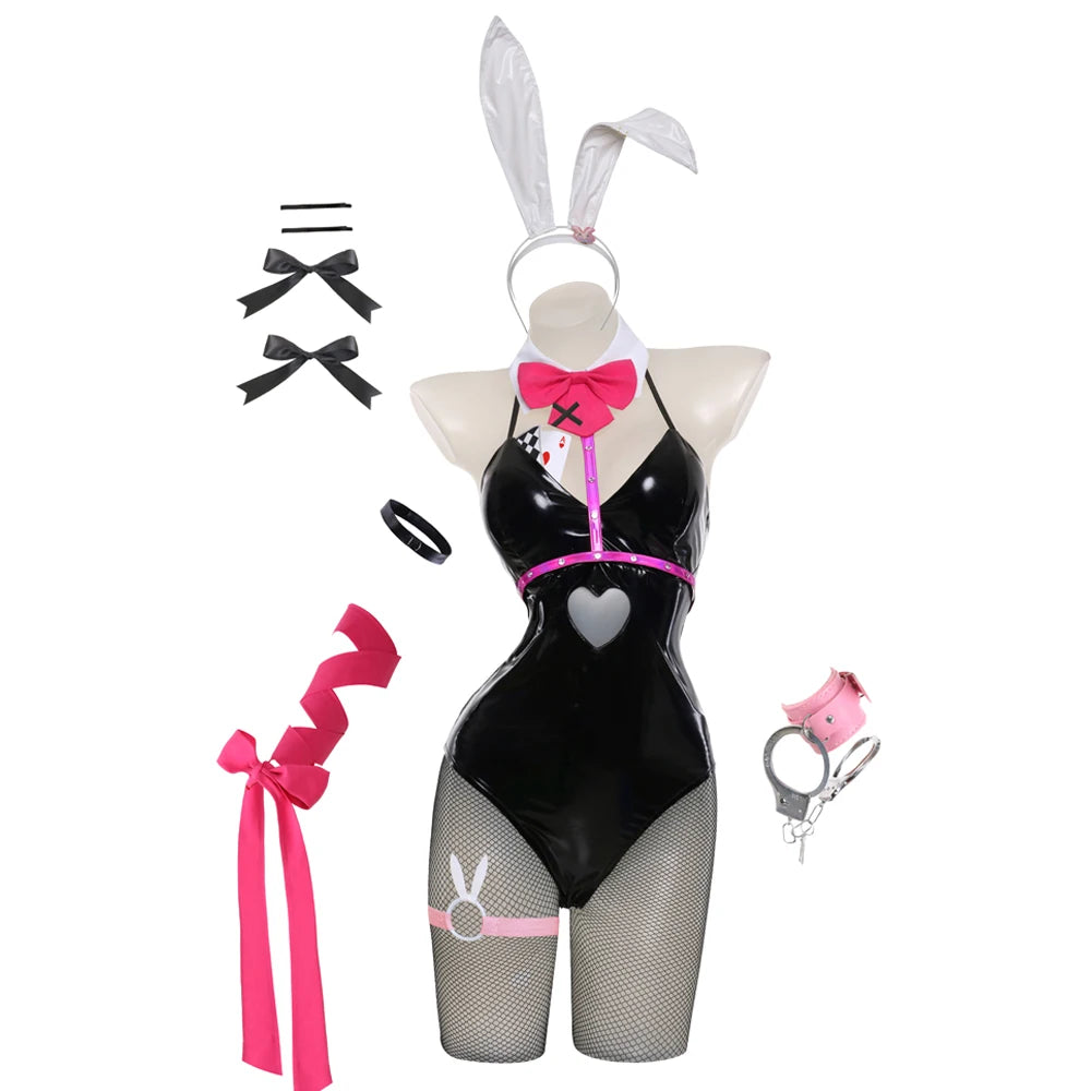 Black Patent Leather Rabbit hole Black Leather Bunny Girl Sexy Cute Halloween Cosplay Costume Headdresses Clothes Bows girl