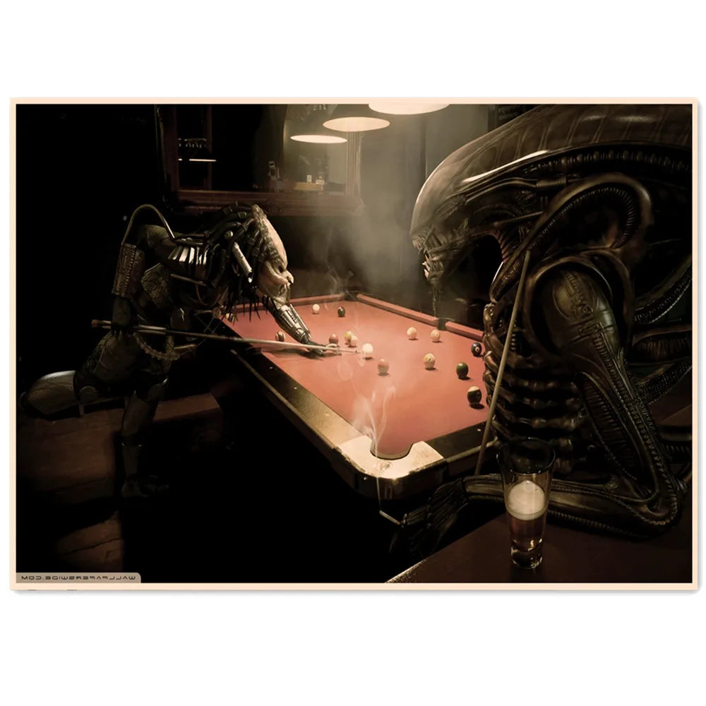 Alien VS Predator Play Billiards Creative Wall Art Movie Poster and Prints Vintage Kraft Paper Painting Wall Stickers Home Decor