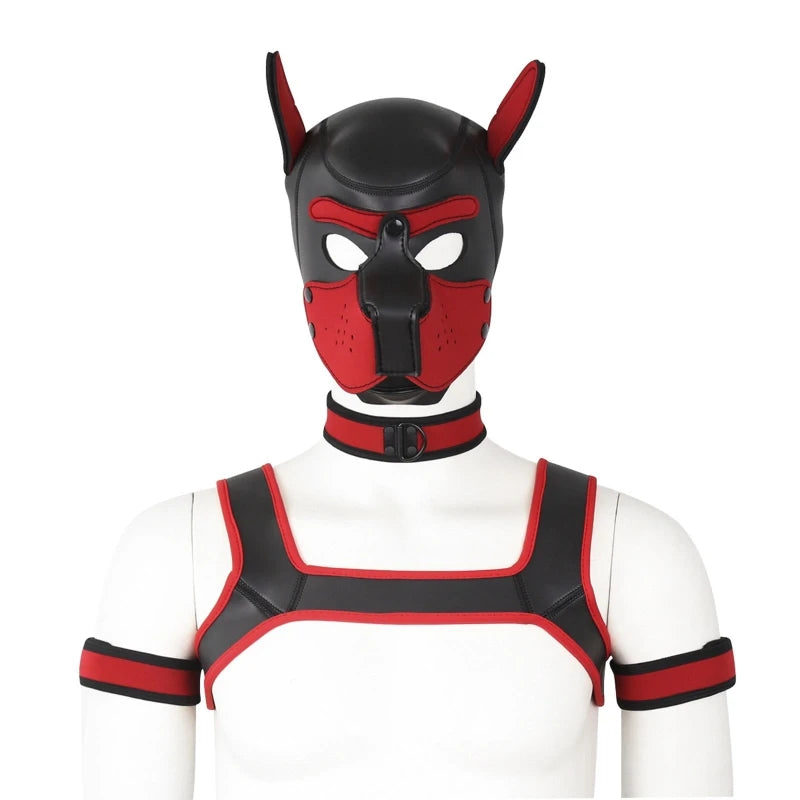 Removable Puppy Hood Full Face Mask with Collar Chest Harness Belt Sexy Fetish Gay Body Dog Cosplay Costume for Party