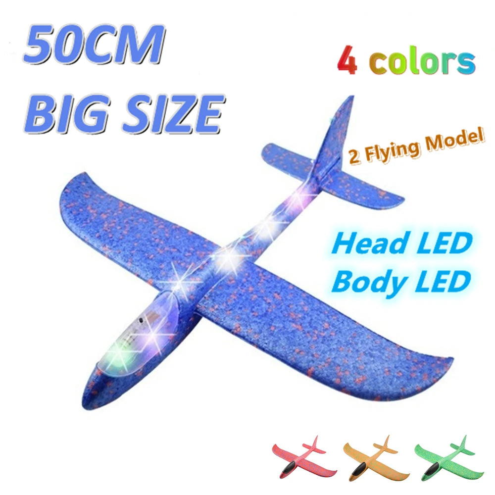 50CM Foam Plane Flying Glider Toy With LED Light Large Outdoor Game Hand Throw Airplane Aircraft Model Toys for Children Boys