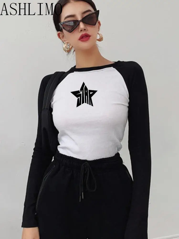 Women T Shirts Star Top Pattern Print Casual Fashion Long Sleeve Crop Top Aesthetics T Shirts Patchwork Ladies Skinny Streetwear