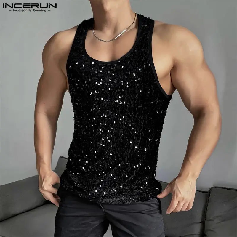 Stylish Hot Sale Tops INCERUN Men Personality Pearl Glitter Design Vests Casual Sport Streetwear Hot Sale O-neck Tank Tops S-5XL