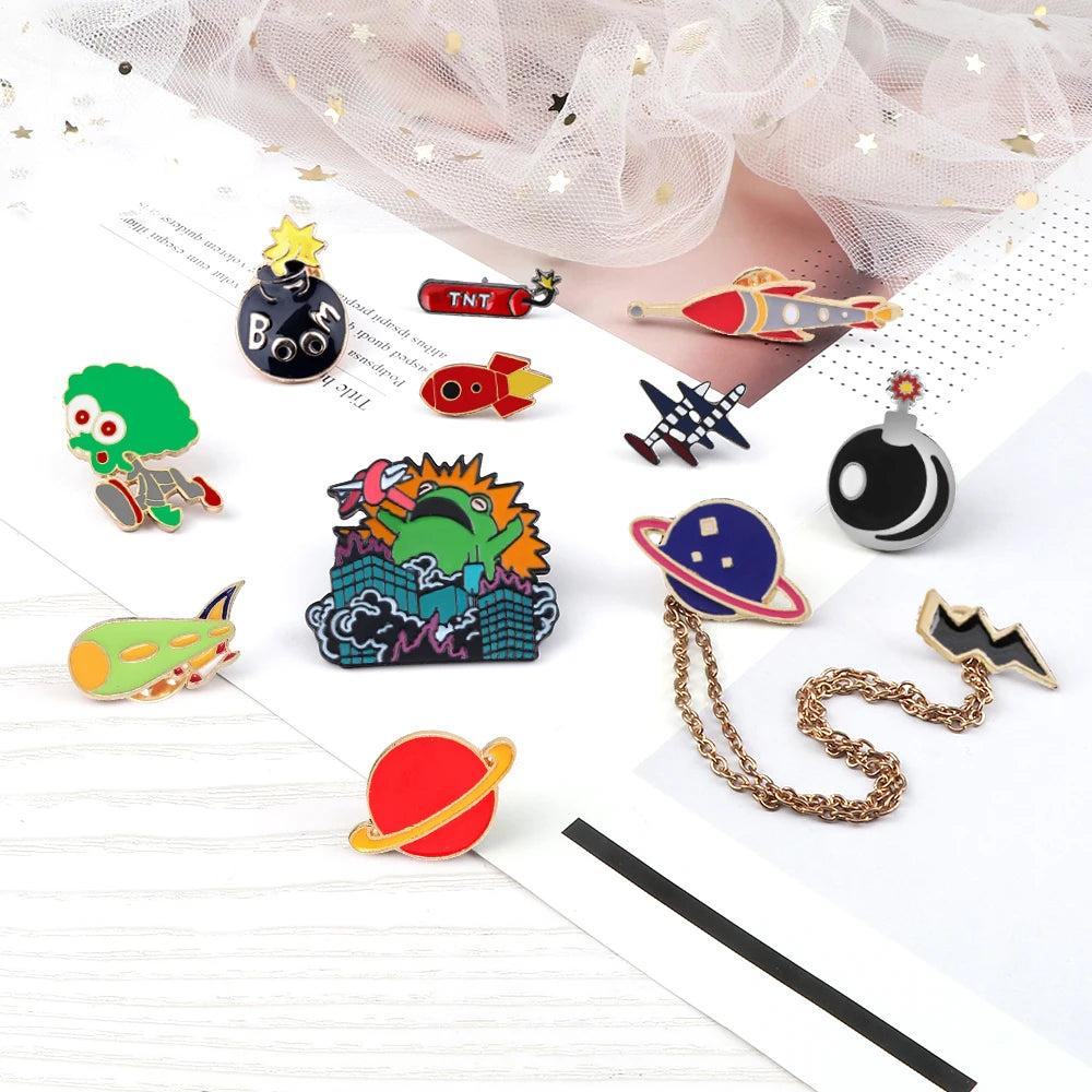 Angry Frog Enamel Pins Funny Cartoon Alien Brooches Airplane Rocket Metal Chain Planet Badge Dangerous BOOM Bomb TNT Pin Jewelry