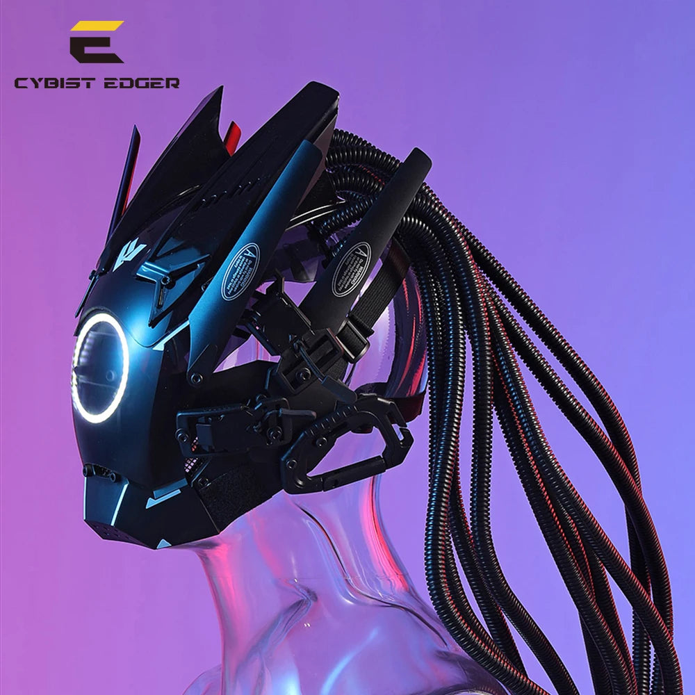 Cyberpunk Mask RGB Lighting LED with Hair Music Festival Fantastic Cosplay SCI-FI Soldier Helmet Halloween Party Gift for Adults