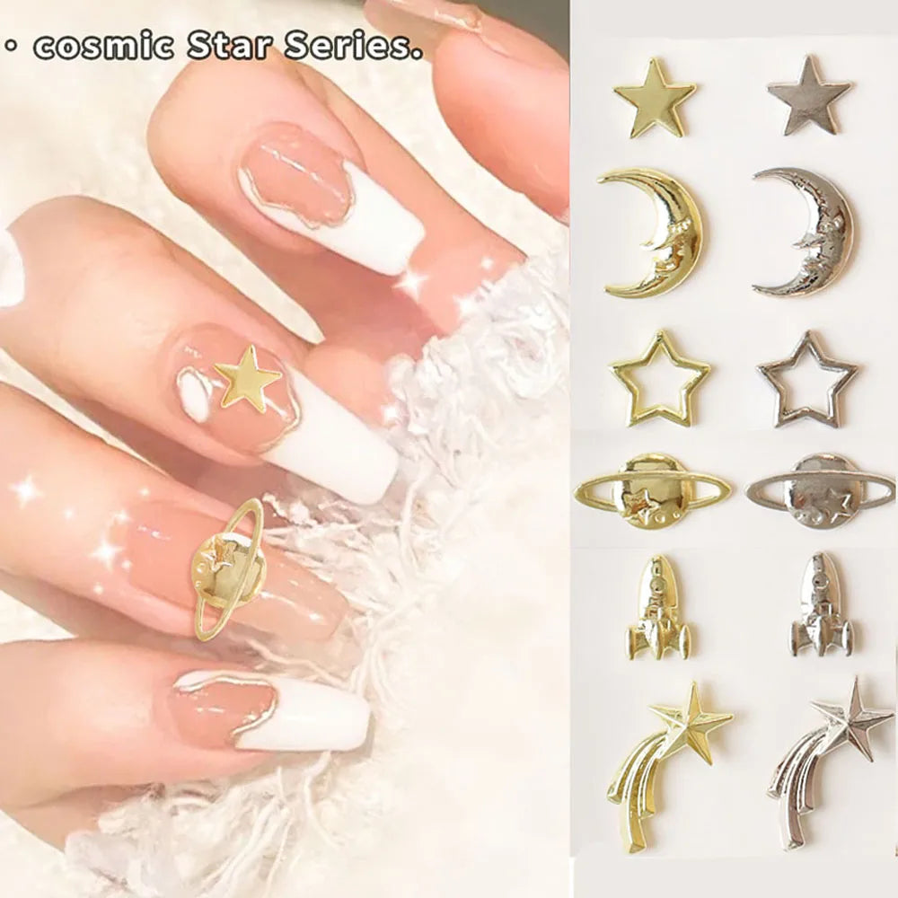 50pcs Planet Nail Charms 3D Alloy Star Moon Rocket Gold Silver Nail Decoration DIY Simple Style Nail Supplies for Professionals