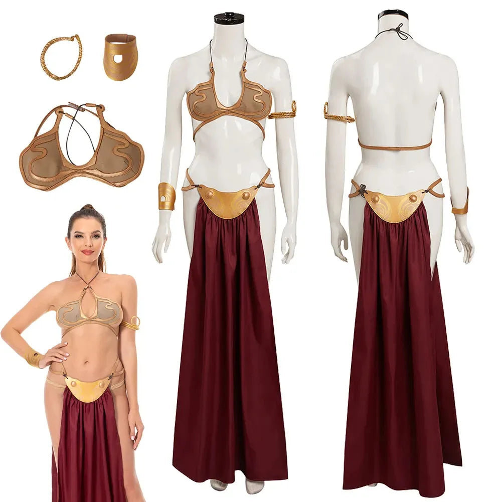 Princess Leia Cosplay Fantasy Sexy Slave Dress Movie Space Battle Costume Disguise Bikini Set Adult Women Girls Roleplay Outfit