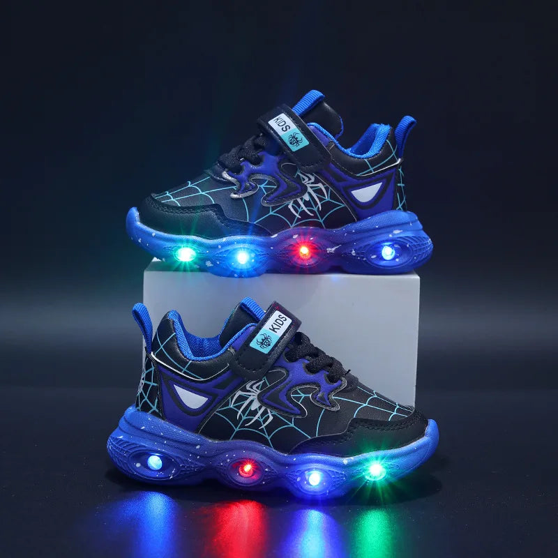 Autumn New Luminous Children's LED Light Shoes Leather Spider Boys' Casual Sports Shoes 1-6 Year Old Kids Sneakers