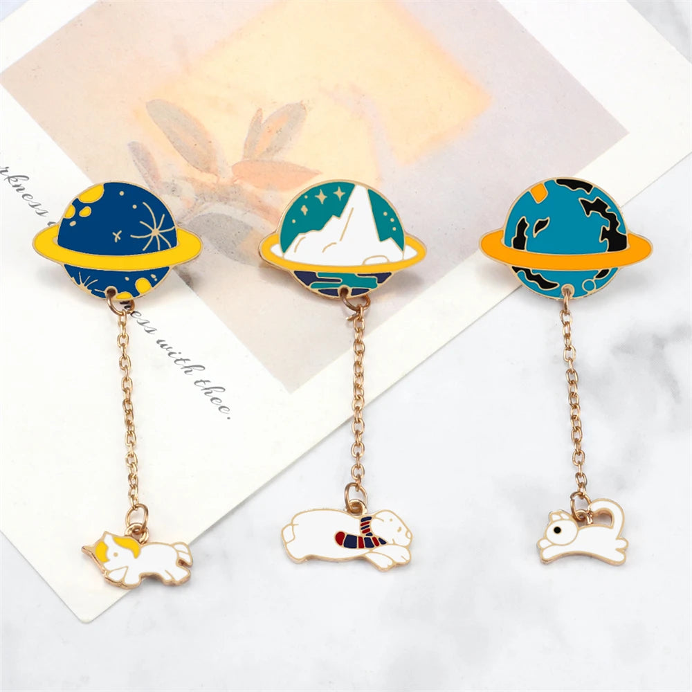 Cartoon Space Galaxy Planet Enamel Brooch Cute Colorful Animal Earth Pins with Chain Backpack Lapel Badge for Kids Jewelry Gifts