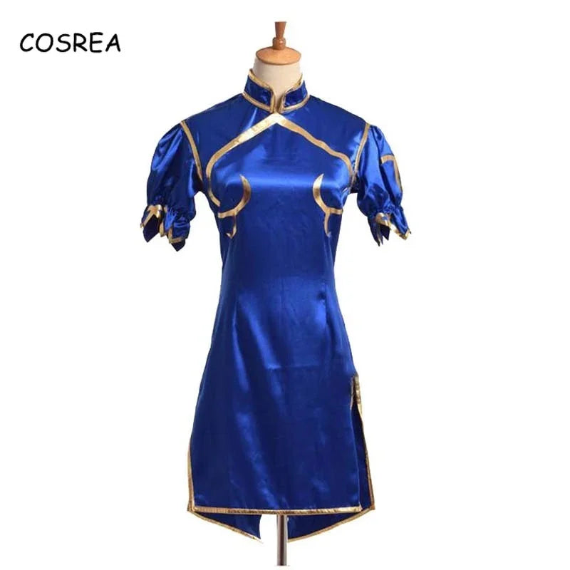 Games Chun Cosplay Costumes Halloween Party Sutorito Faita Blue Cheongsam Dress Belt Headgear With Women Girls Clothes Role Play