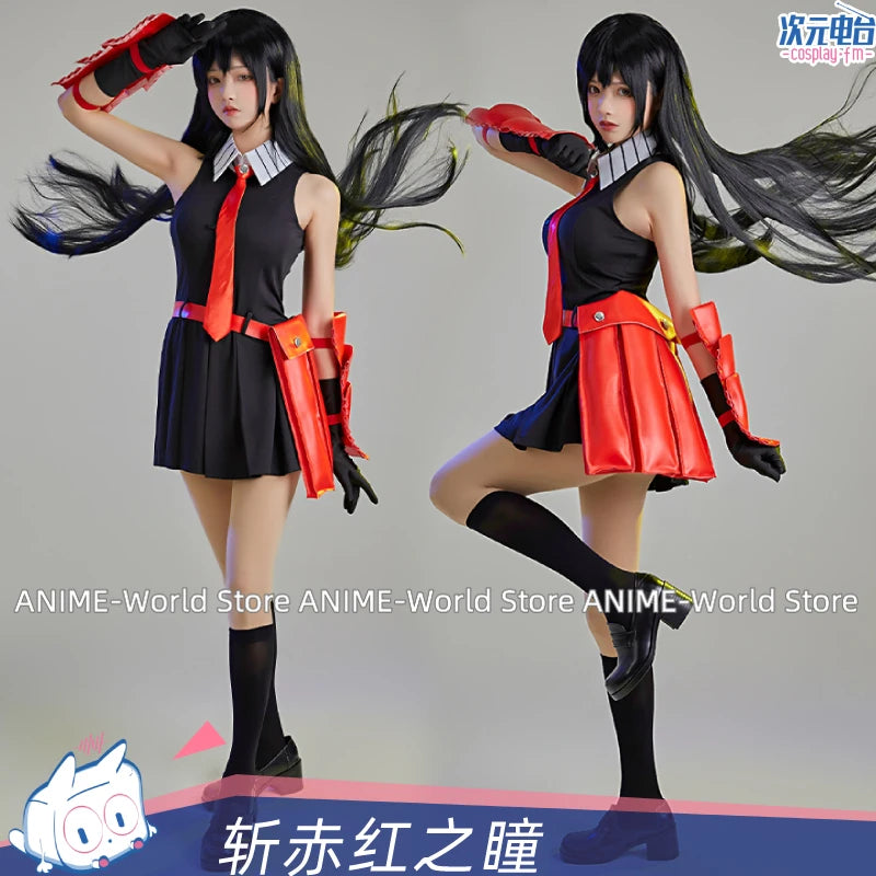Akame Ga KILL! Women Anime Akame Dress Set School Uniform Cosplay Costume Sleeveless Short Dress with Gloves and Belt