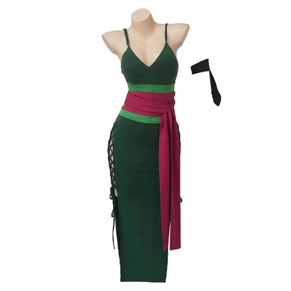 Female Roronoa Cosplay Zoro Costume Sexy Green Dress Belt Anime Fantasy Women Jumpsuit Outfits Halloween Carnival Party Suit