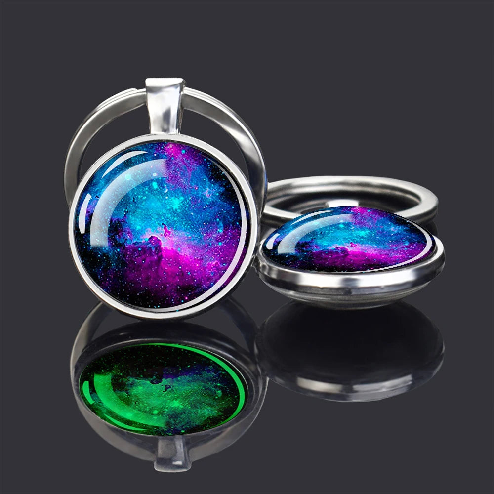 Galaxy Planet Keychain Glow In The Dark Nebula Universe Outer Space Double Face Glass Pendant Key Ring Luminous Jewelry Gift