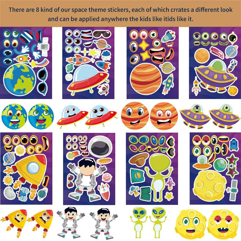 6-24Sheets Space Planet Stickers for Kids Make a face Alien Rocket Solar System DIY Puzzle Sticker Party Games Favor Craft Kits