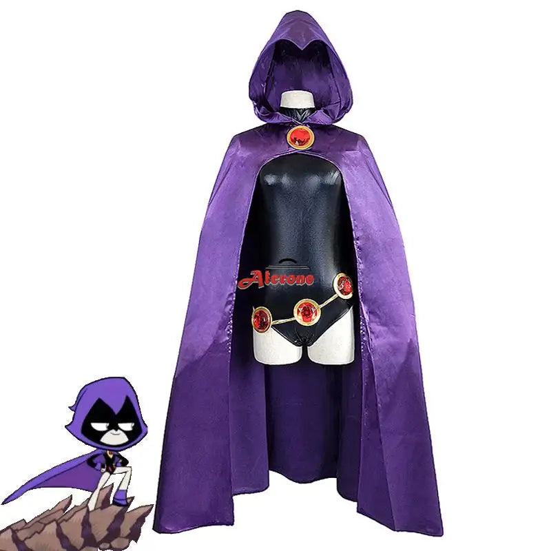 Titans Raven Cosplay Costume Super Hero Women Black Bodysuit Purple Hooded Cloak Halloween Costumes