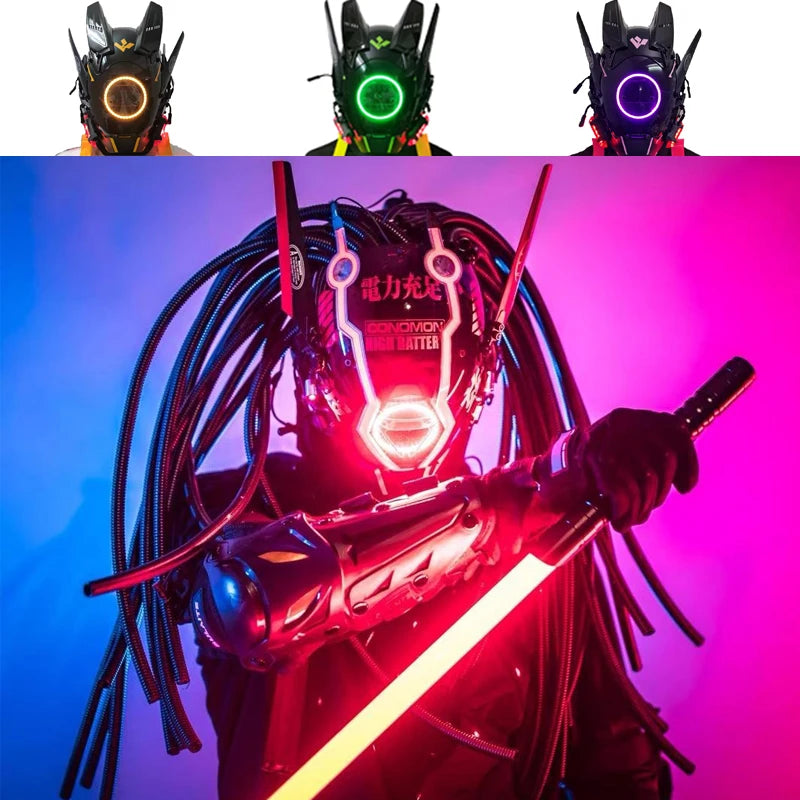 Punk Mask Light Emitting LED Robocop Helmet Personalized Gifts Kick Board Scooter Racing Devil Cyberpun Bike Cool Cosplay 2022