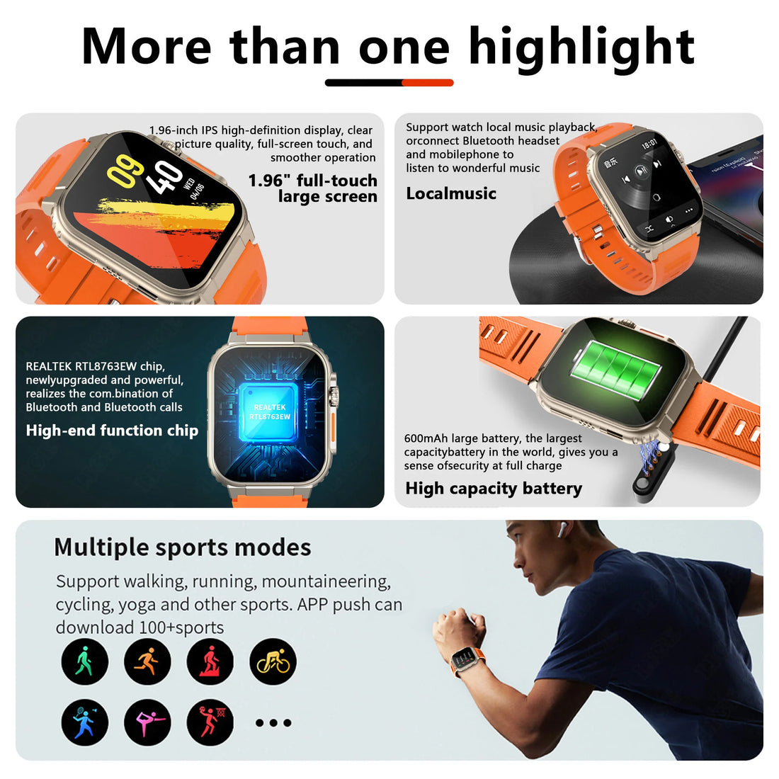 New 600mAh Smart Watch Ultra PK HK8 Pro Max Bluetooth Call TWS Local Music Sport Watch 2.0'' IP68 Waterproof Smartwatch Men 2024