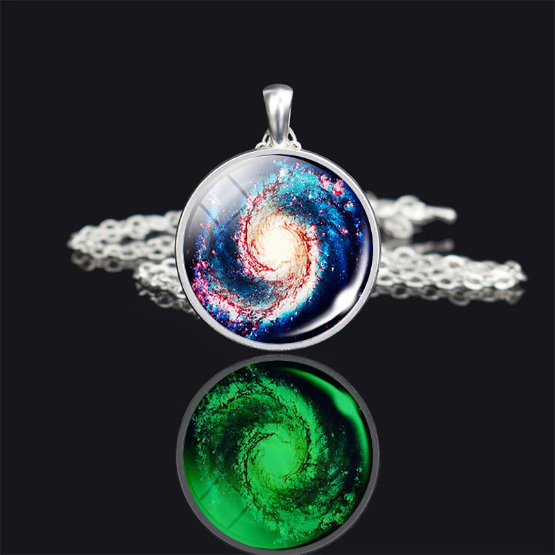Spiral Galaxy Necklace Glow In The Dark Planet Pendant Silver Color Chain Necklace Luminous Nebula Space Jewelry