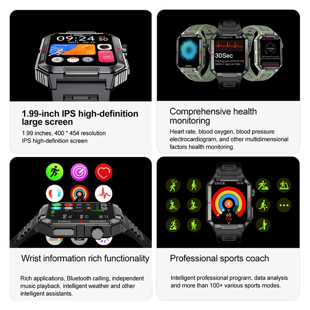 GPS Outdoor Military Smart Watch 2.01 Inch Screen Bluetooth Call Voice Assistant Watch Sports Fitness Waterproof Smartwatch Men