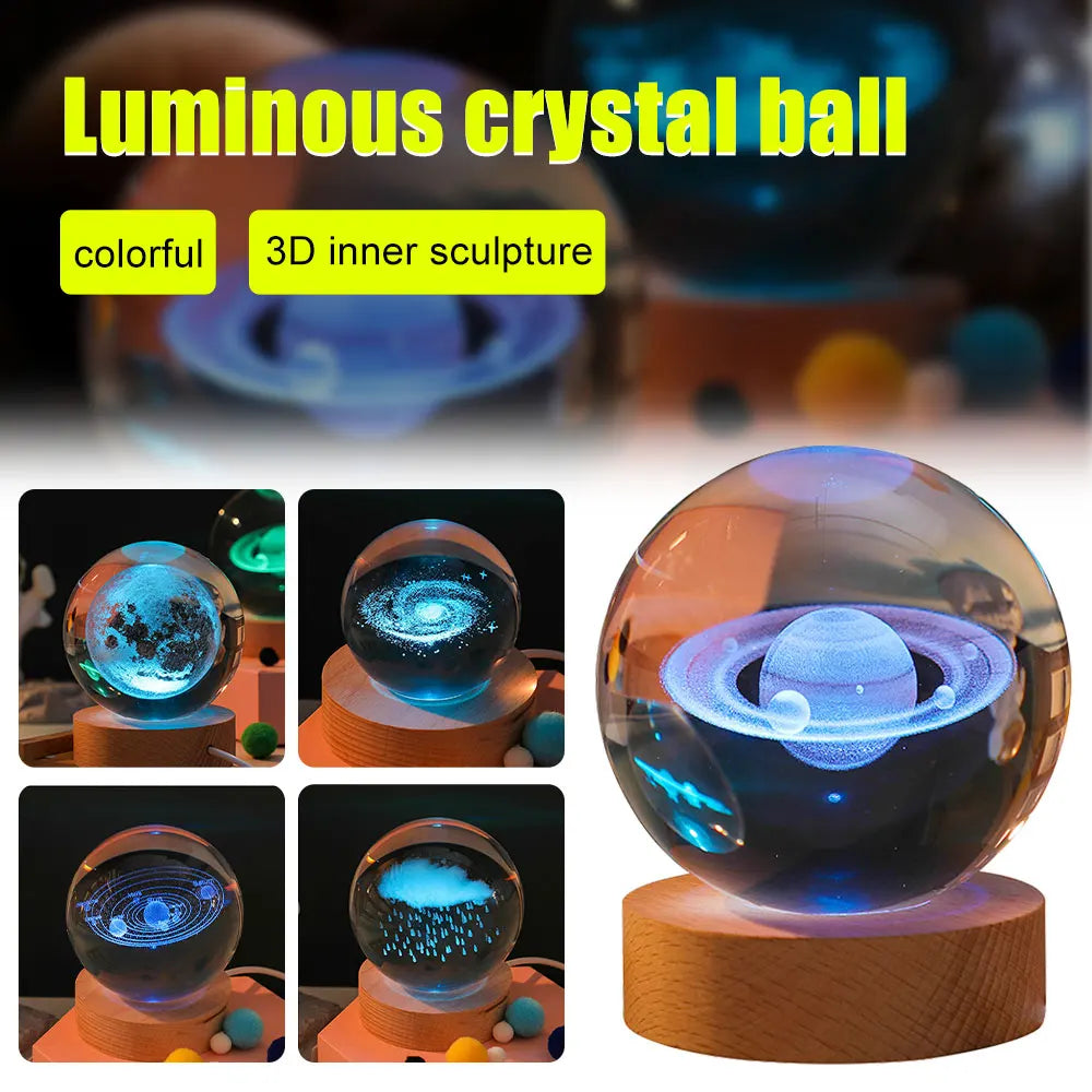 Colorful 6cm Solar System Crystal Ball Night Light 3D Laser Engraved Galaxy Moon LED Bedside Night Lamp Home Decor Kids Gift