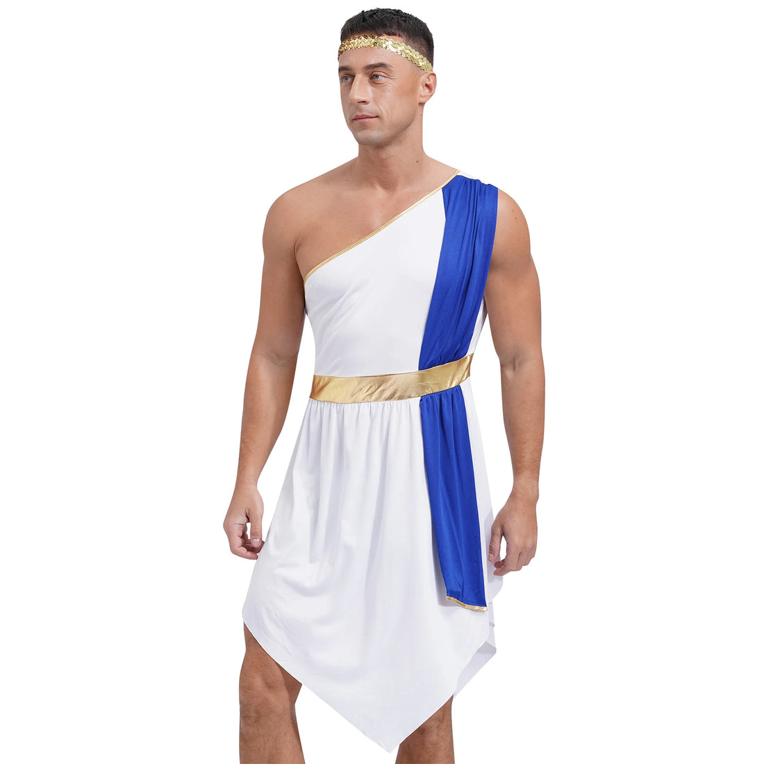 Mens Ancient Greek God Roman Prince Cosplay Costume Halloween Theme Party Role Play Toga One Shoulder Dress Robe with Headband