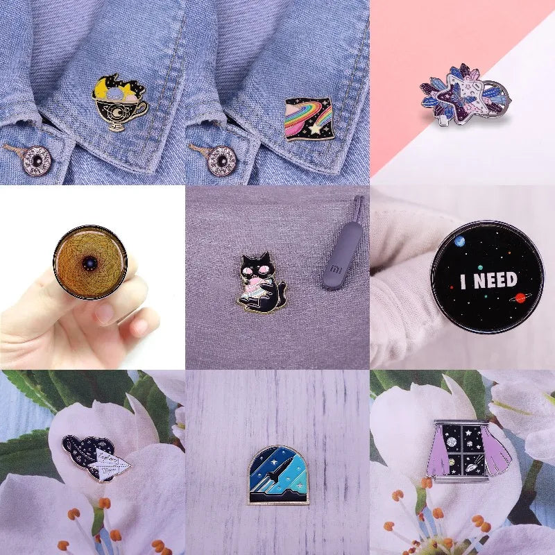 Hard Enamel Pins Black Cat Holding The Planet Badge Space Galaxy Universe Starry Sky Rocket Crystal Lapel Brooch Gifts Wholesale