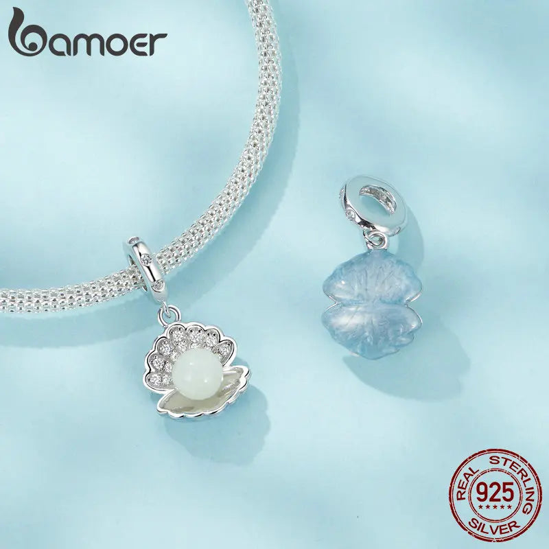 Bamoer 925 Sterling Silver Glow-in-the-dark Shell/Moon Cat/Star Wishing Bottle Pendant Luminous Ocean Charms for Bracelet